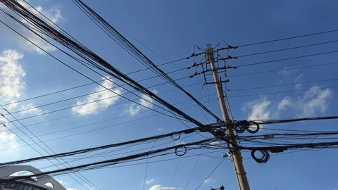 2026 Jul 25, Shanghai. Low angle view of a dense chaotic tangle of overhead Stock Footage 344741084