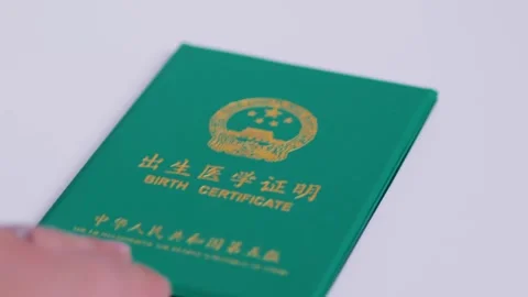 2026 Jun 09, China. Hand Touches Green Chinese Birth Certificate Stock Footage 336544420