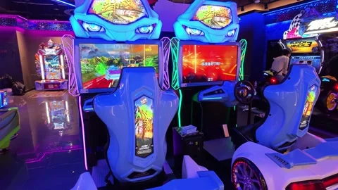 2026 Jun 29, Shanghai. Vibrant neon-lit indoor arcade Stock Footage 337880042