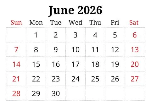 2026 june printable calendar planner. English monthly page vector template .. Stock Illustration