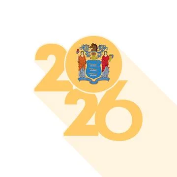 2026 Long Shadow Banner with New Jersey Flag Inside. Illustrazione stock