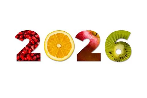 2026 made of fruit textures including orange and kiwi Stock Photos