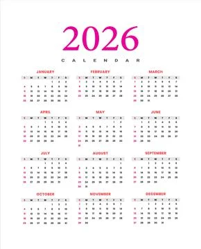 2026 Magenta Calendar Vector Template - Clean Red Sunday Yearly Planner Stock Illustration