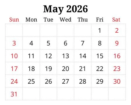 2026 may printable calendar planner. English monthly page vector template S.. Stock Illustration