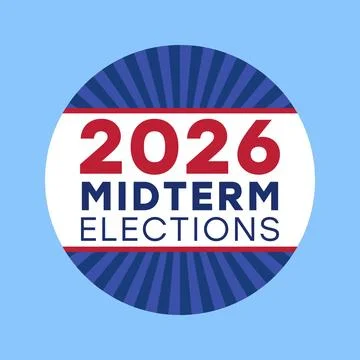 2026 Midterm Elections Circular Badge with Starburst Rays Light Blue Backgrou Stock Illustration
