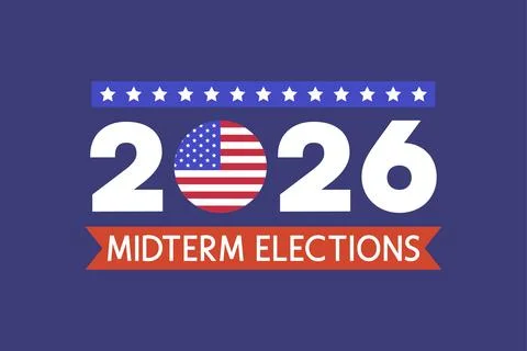 2026 Midterm Elections Typography Banner with Patriotic Ribbon on Blue Back.. イラスト素材