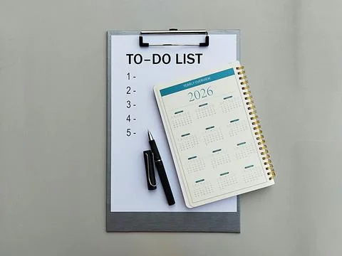 2026 monthly calendar notes with to-do list printouts Stock-Fotos