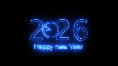 2026 Neon Clock Countdown Happy New Year Blue Glow Celebration Event Future.. Video stock 321410407