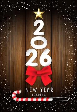 2026 New Year loading greeting card with paper numbers, red bow and xmas star Stock-Illustration