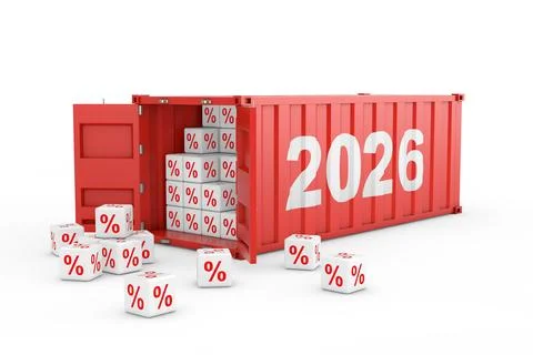 2026 New Year Red Cargo Shipping Container with Discount Percent Cubes. 3d .. Stock Illustration