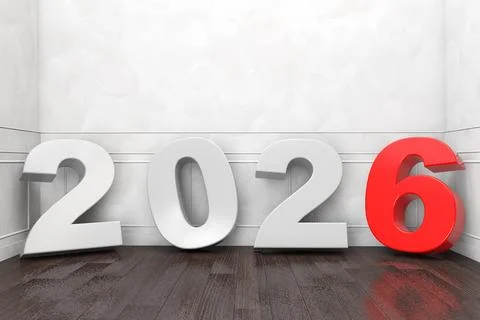 2026 New Year Sign in Empty Room. 3d Rendering Ilustración de archivo