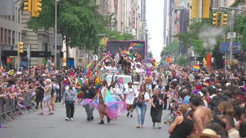 2026 NYC Pride March is opened on Fifth Avenue in New York City. 스톡 동영상 339520280