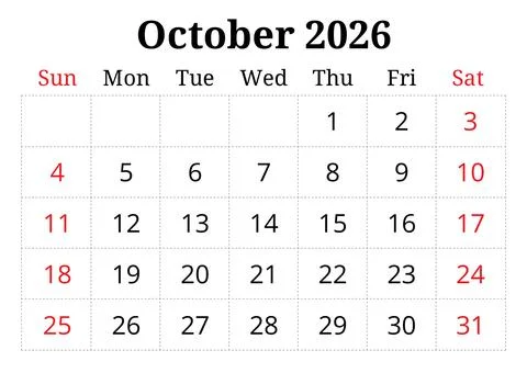 2026 october printable calendar planner. English monthly page vector templa.. Stock Illustration