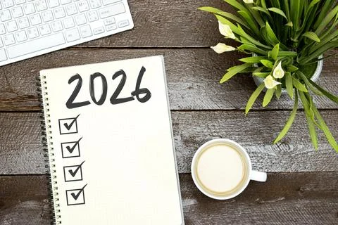 2026 Planning Notebook With Checkboxes, Coffee, Keyboard, And Plant On Wooden De Stock Photos