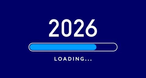 2026 progress bar, blue New Year loading countdown poster Stock Illustration