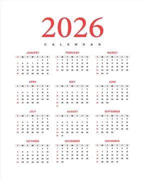 2026 Red Calendar Vector Template - Clean Serif Yearly Wall Planner Stock Illustration