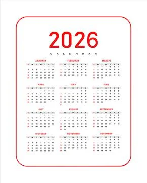2026 Red Calendar Vector Template - Clean 12 Month Yearly Planner Frame Stock Illustration