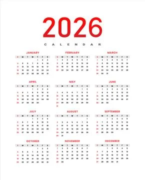 2026 Red Calendar Vector Template - Clean Modern Sans Serif Yearly Planner Stock Illustration