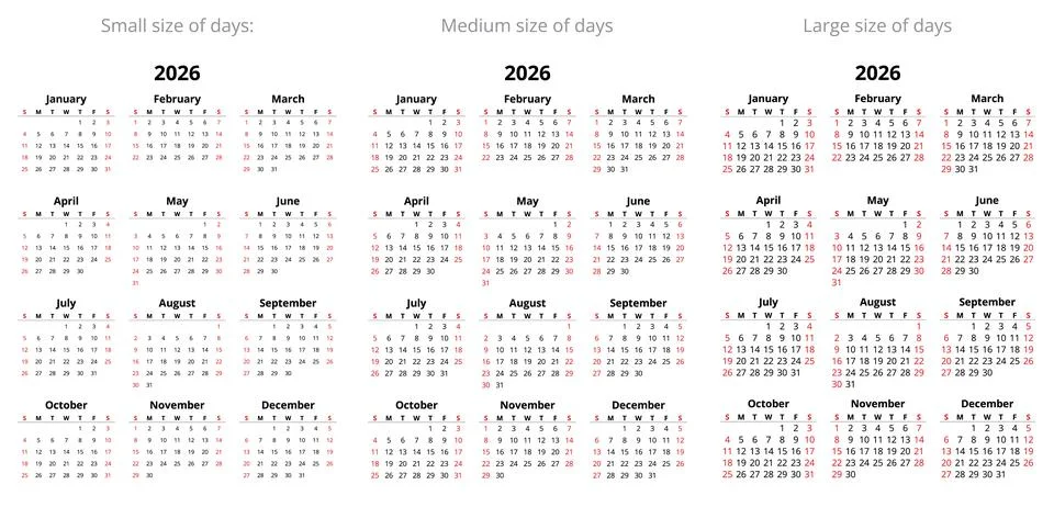 2026 simple calendars with different size of days. English year design (wee.. Illustrazione stock