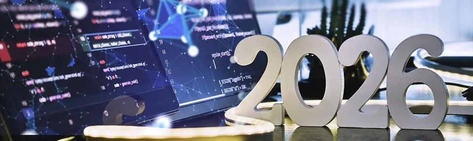 2026 Software Development Concept with Code Screens and Digital Network Ove.. 库存照片