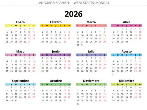 2026 spanish calendar. Multicolor vector illustration Spain - year calendario Stock Illustration