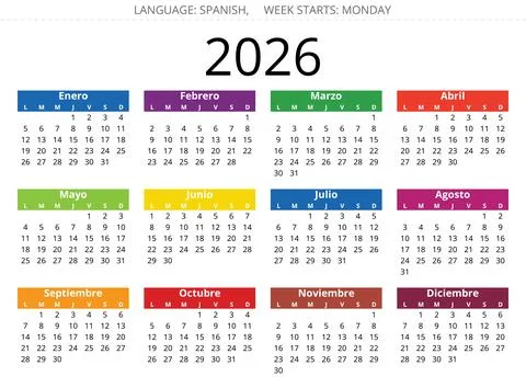 2026 spanish calendar. Multicolor vector illustration Spain - year calendario Illustrazione stock