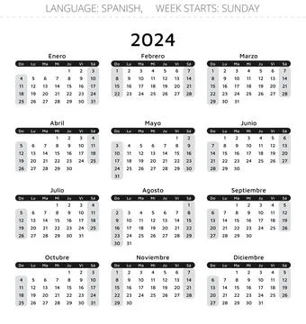 2026 spanish calendar. Week starts Sunday. Vector illustration black white... Stock-Illustration