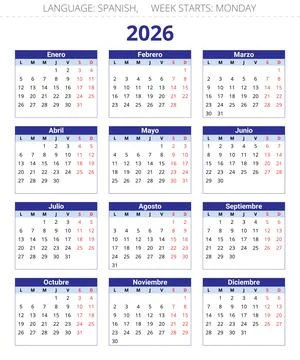 2026 spanish calendars. Printable vector illustration for Spain. Plan year .. Stock Illustration