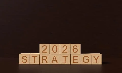 2026 Strategy cube block wooden sign symbol decoration business financial i.. Stock Illustration