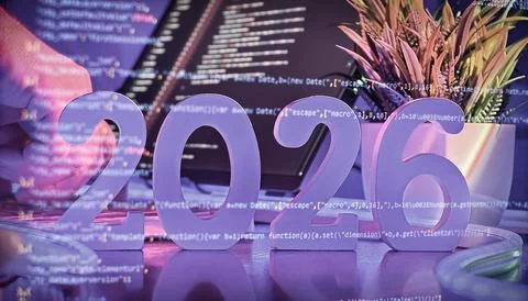 2026 tech trends with coding and neon style Stock Photos