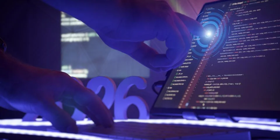 2026 touchscreen coding interface with futuristic UI 写真素材