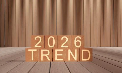2026 trend text font cube block wooden lath background wallpaper 2026 trend.. Stock Illustration