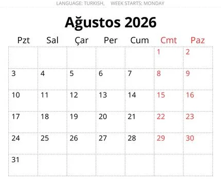 2026 Turkish August calendar layout. Vector monthly planner page Turkey. Stock Illustration