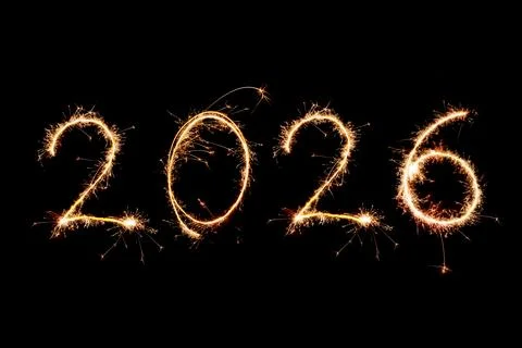 2026 written with Sparkle firework on black background, happy new year 2026 Stock Photos