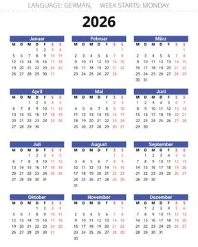 2026 year GERMAN calendar. Vector illustration Germany Illustrazione stock