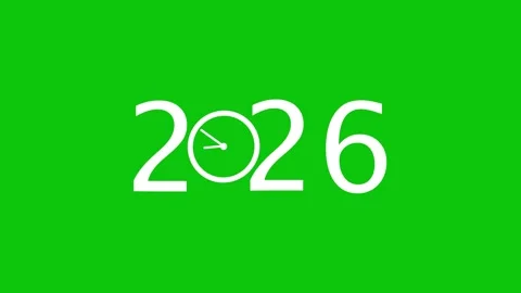 2026 year number with clock face graphic design simple white on green backg.. Stock Footage 321410311