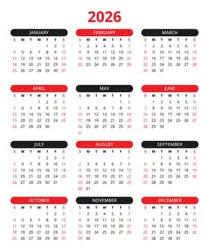 2026 year vector calendar black and red colors (english, week start sunday) Stock Illustration