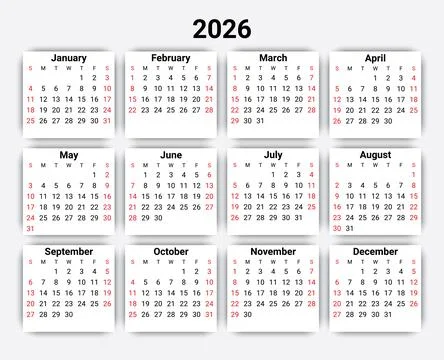 2026 year vector calendar design modern (week start sunday, english) Illustrazione stock