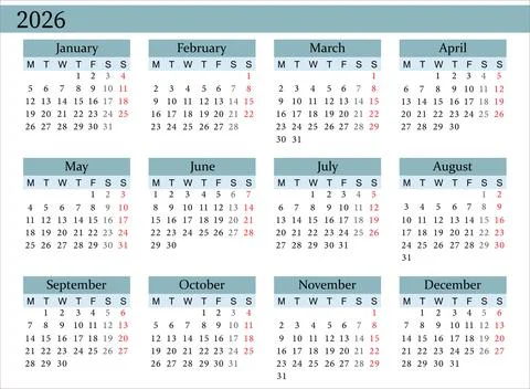 2026 Yearly Calendar Vector in Blue, Monday Start, Clean Design, Printable Stock Illustration