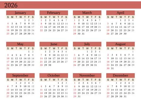 2026 Yearly Calendar Vector in Red, Sunday Start, Clean Design, Printable Stock Illustration