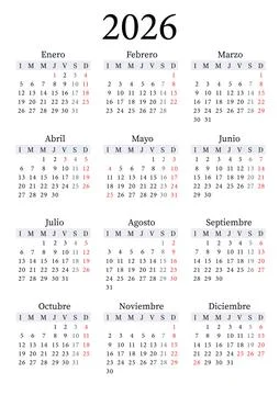 2026 Yearly Calendar Vector in Spanish Vertical, Monday Start, Clean Design Stock Illustration