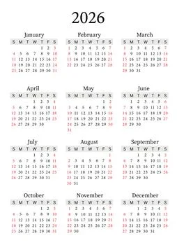 2026 Yearly Calendar Vector Vertical, Sunday Start, Clean Design, Printable Stock Illustration