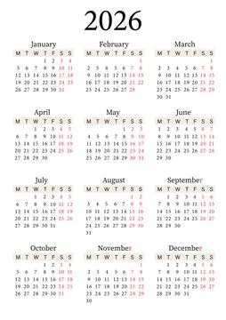 2026 Yearly Calendar Vector Vertical, Monday Start, Clean Design, Printable Stock Illustration