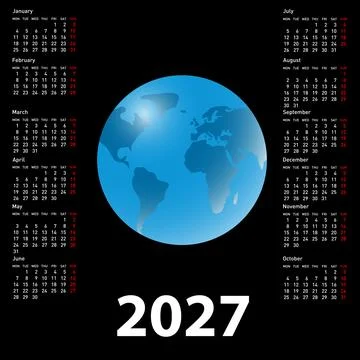 2027 calendar with globe representing the Earth on black background Stock Illustration