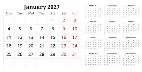 2027 calendar planner, printable vector collection with 12 months Stock Illustration