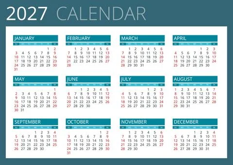 2027 calendar template and compact date rows. Clean annual 2027 planner concept Stock Illustration