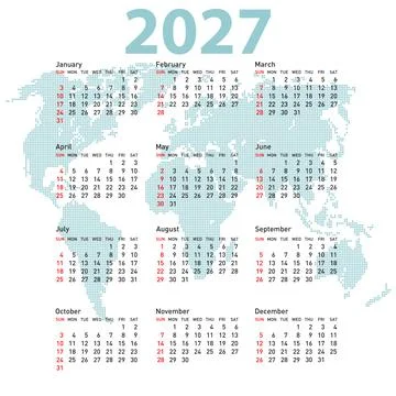 2027 calendar with world map background on white background Stock Illustration