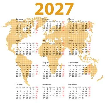 2027 calendar with world map background on white background Stock Illustration