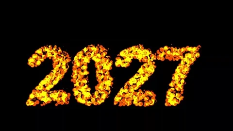2027 with cartoon fire particles effect on plain black background Video stock 347211663