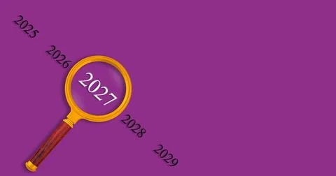 2027 goal setting and analysis, magnifier over the year digits, strategic r.. Stock Illustration